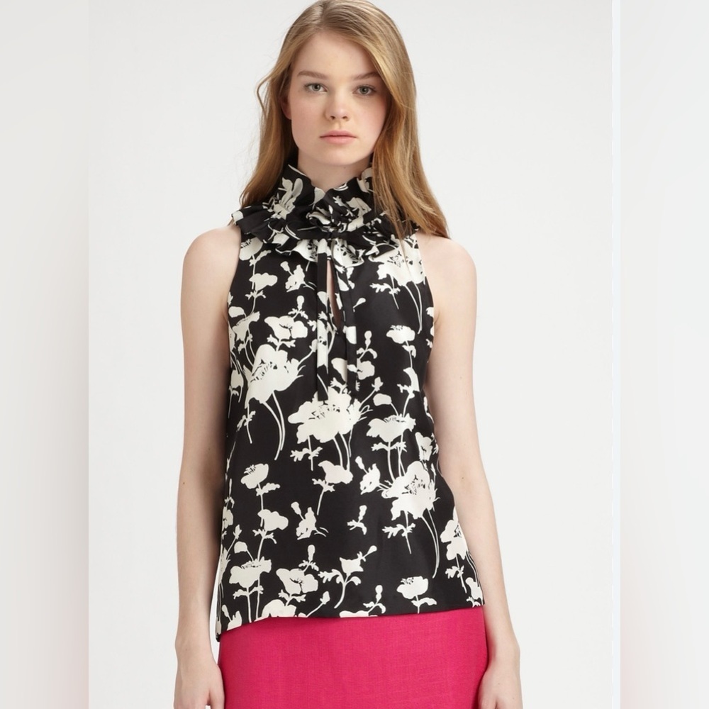Kate Spade+Florence Broadhurst Black/White Floral Blouse,Sleeveless,100% Silk, 6